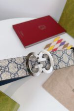 Gucci GG Navy/Khaki Belt Silver Buckle - Image 2