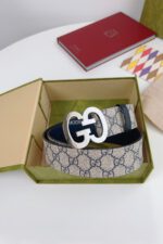Gucci GG Navy/Khaki Belt Silver Buckle - Image 3