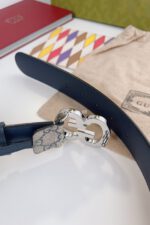 Gucci GG Navy/Khaki Belt Silver Buckle - Image 4